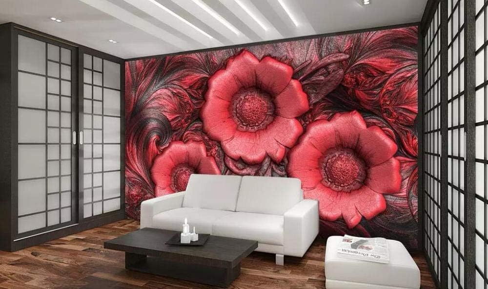 Holzschnitzerei Rote Blumen 3D Tapete Poster Restaurant Schlafzimmer Wohnzimmer Sofa TV Dekorative Wand-400cm×280cm