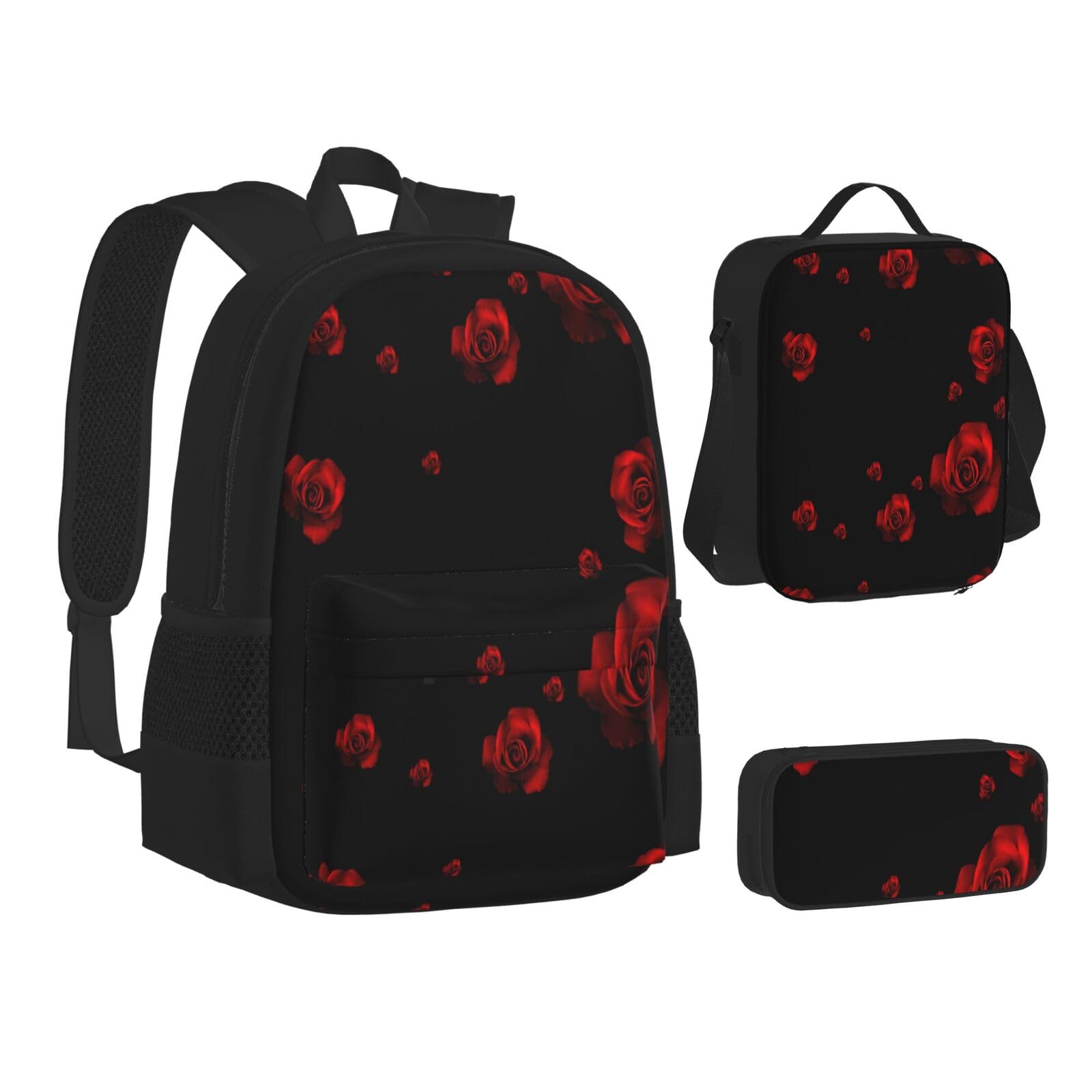 WURTON Rucksack, Lunchbox-Set, 3-in-1-Rucksack und Federmäppchen, passende Kombination mit rotem Rosen-Hintergrund, Schwarz, Einheitsgröße