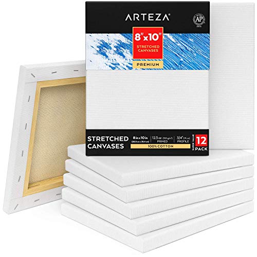 Arteza Premium Leinwand Keilrahmen, 20.3 x 25.4 cm, 12 bespannte Keilrahmen, 100% Baumwolle mit säurefreier Titan-Acryl-Gesso Grundierung, Leinwände für Acrylmalerei, Ölfarben & nasse Kunstmedien