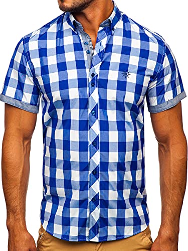 BOLF Herren Kurzarmhemd Kariert Freizeithemd Kurzärmliges Elegant Business Party Hemd Kentkragen Sommer Farbwahl Slim Fit Casual Style 6522 Mittelblau S [2B2]