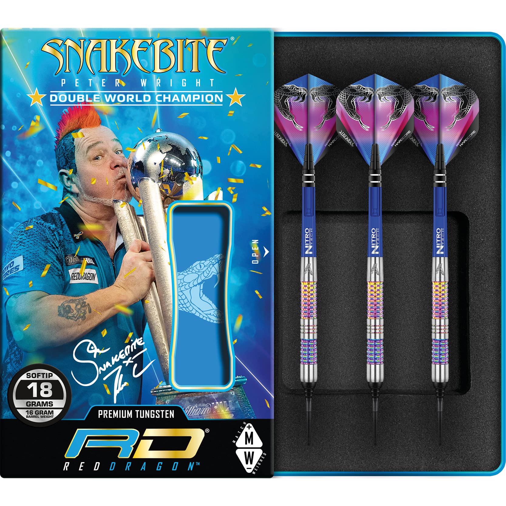 RED DRAGON Peter Wright Snakebite Rainbow Mamba Soft-Tip - 18g - 90% Tungsten Steel Dartpfeile mit Snakebite Flights, Schäfte Checkout Card