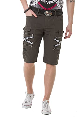 Cipo & Baxx Herren Cargo Shorts Denim Jeans Bermuda Kurzehose Capri Markenschriftzüge CK253 Khaki W40