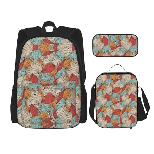 WURTON Schulrucksack-Set mit Blätter-Aufdruck, 3-in-1-Büchertaschen-Set mit Lunchbox, Federmäppchen, Reise-Laptop, Tagesrucksäcke