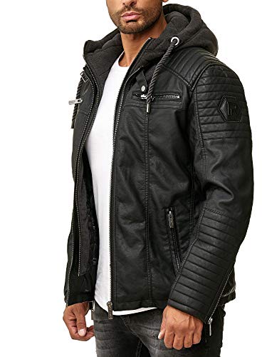 Red Bridge Herren Kunst- Lederjacke Kunstleder Bikerjacke mit Sweat- Kapuze 2in1, Schwarz - Kunstleder, S