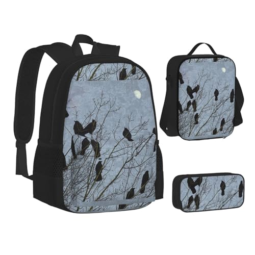 WURTON Rucksack, Lunchbox-Set, 3-in-1-Rucksack und Federmäppchen, Motiv: schwarze Krähenvögel, passende Kombination, Schwarz, Einheitsgröße