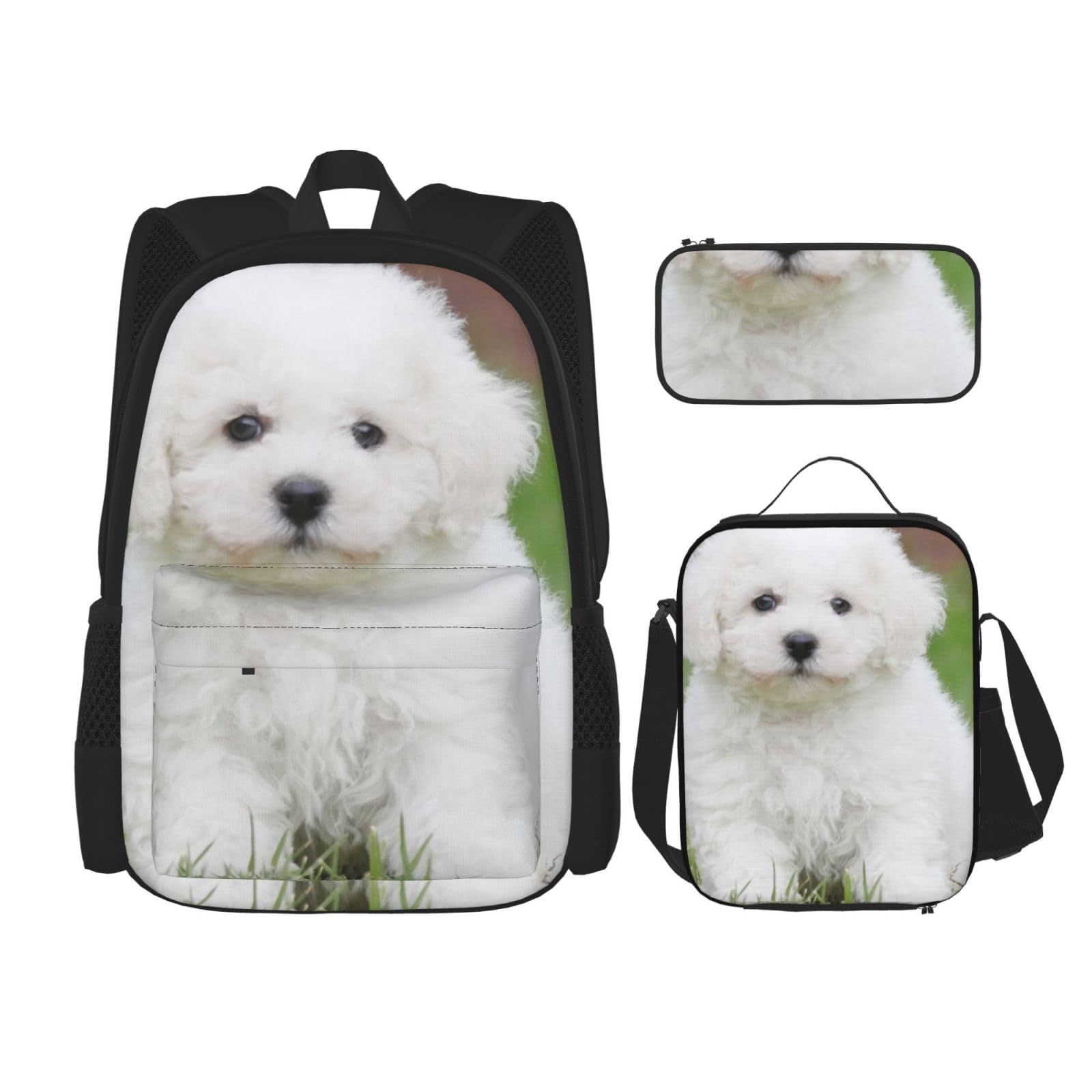 DENMER Mehrzweck-Schultasche mit passendem Federmäppchen und Lunchtasche, stilvolle All-in-One-Lösung, Bichon Frisé Hund, Einheitsgröße