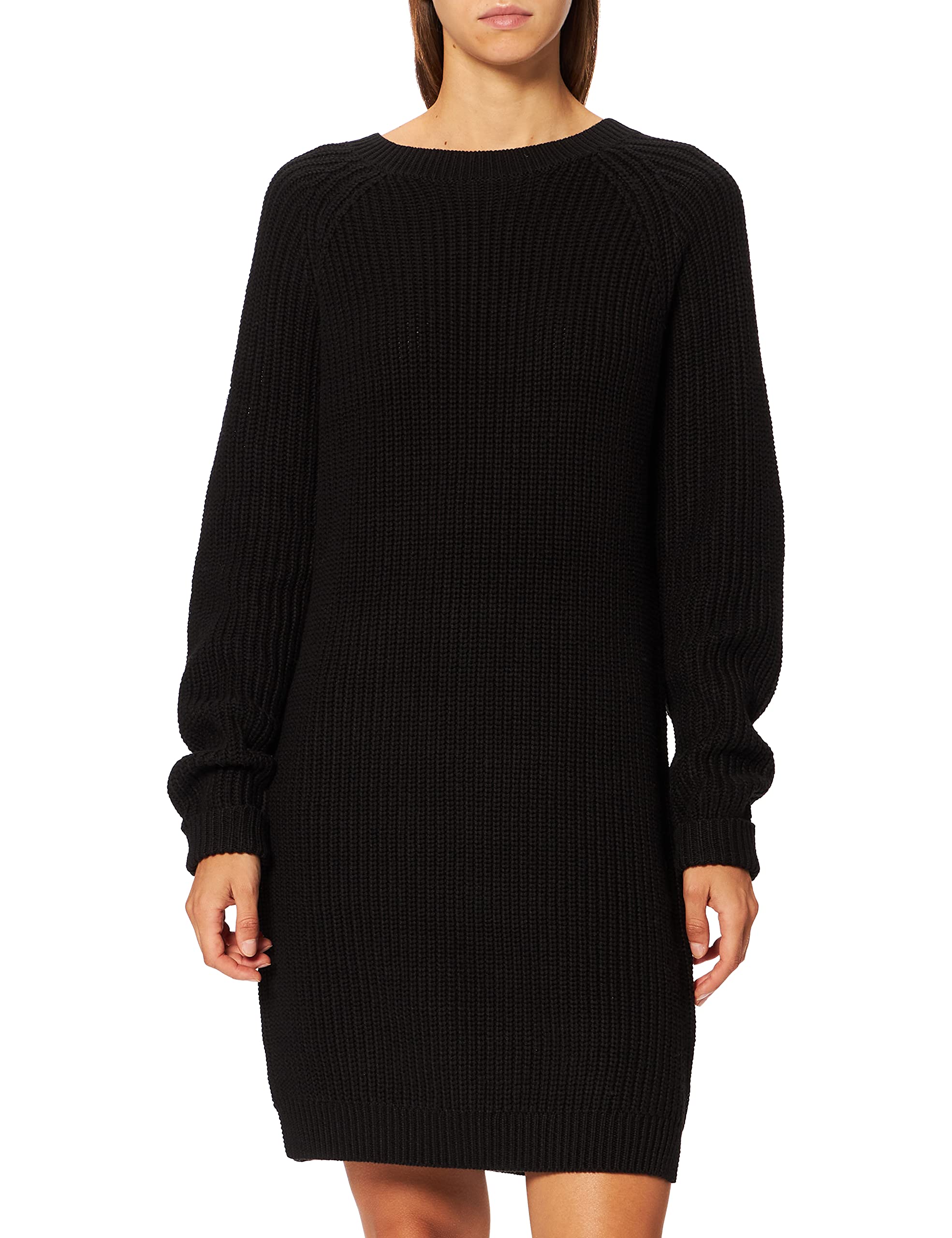 NOISYMAY Damen Langarm Strickkleid | Legeres Dress NMSIESTA Party Jumper | Geripptes Midi Shirt Kleid, Farben:Schwarz, Größe:L