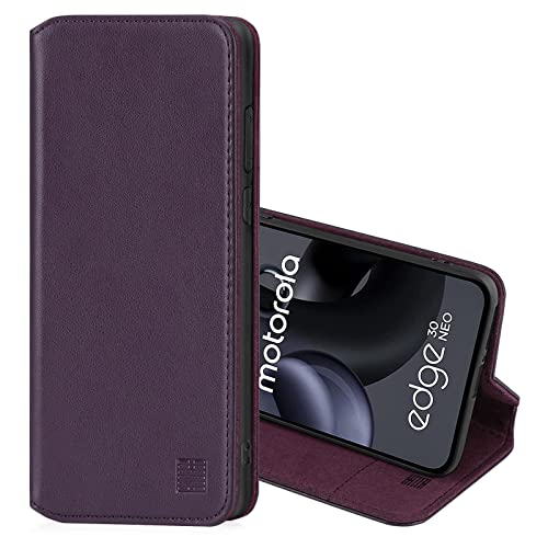 32nd Klassische Series 2.0 - Lederhülle Case Cover für Motorola Moto Edge 30 Neo, Echtleder Hülle Entwurf gemacht Mit Kartensteckplatz, Magnetisch und Standfuß - Aubergine