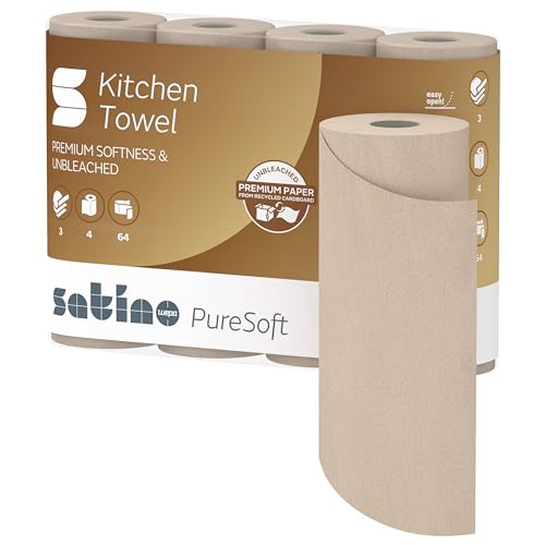 Satino PureSoft Küchenrolle 3-lagig, soft beige, 26 x 22 cm, 64 Blatt, 32 Rollen, Recycling