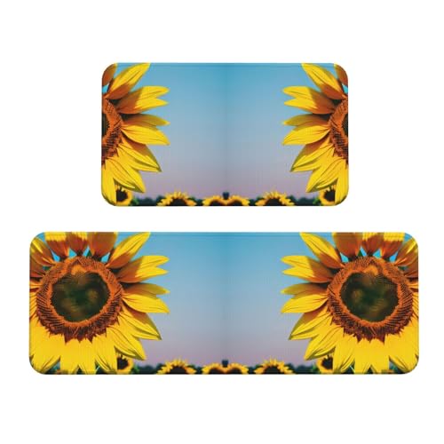 YQxwJL Küchenteppiche mit Sonnenblumen-Motiv, rutschfeste Küchenmatte, 2er-Set, bequeme Stehmatten für Küche, Büro