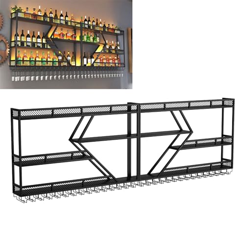 HSJFS Metall Weinregal Bar Regale Wandmontage Mit Hängenden Weinglas Halter Rack Liquor Flasche Display Regal Mit Led Licht Floating Bar Schrank Whiskey Regal Für Home Bar Küche Esszimmer (Farbe : Go