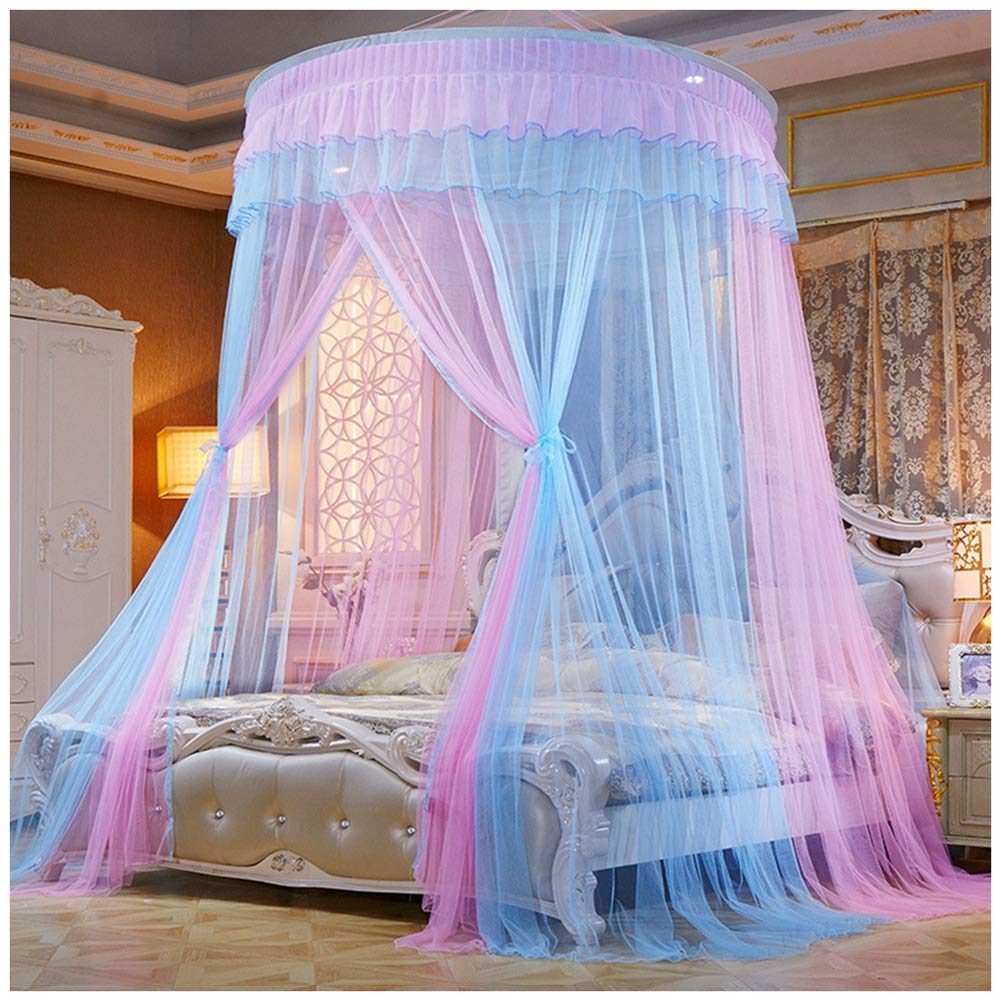 Große Romantische Kuppel Moskitonetz Vorhang Bett Baldachin Runde Prinzessin Traum Betthimmel Deko Moskitonetz Insektenschutz Blau Pink(Höhe:2.7M)