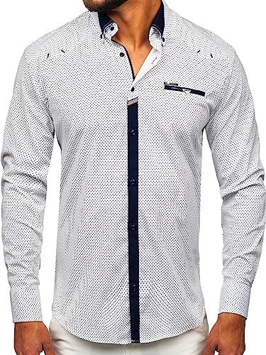 BOLF Herren Hemd Langarm Freizeithemd Langarmhemd Elegant Business Party Bügelleicht Farbwahl Classic Basic Slim Fit Casual Style 19603 Weiß M [2B2]