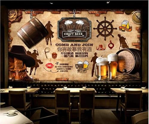 Vintage Backsteinmauer Cowboy Bier 3D Tapete Poster Restaurant Schlafzimmer Wohnzimmer Sofa TV Dekorative Wand-200cm×140cm