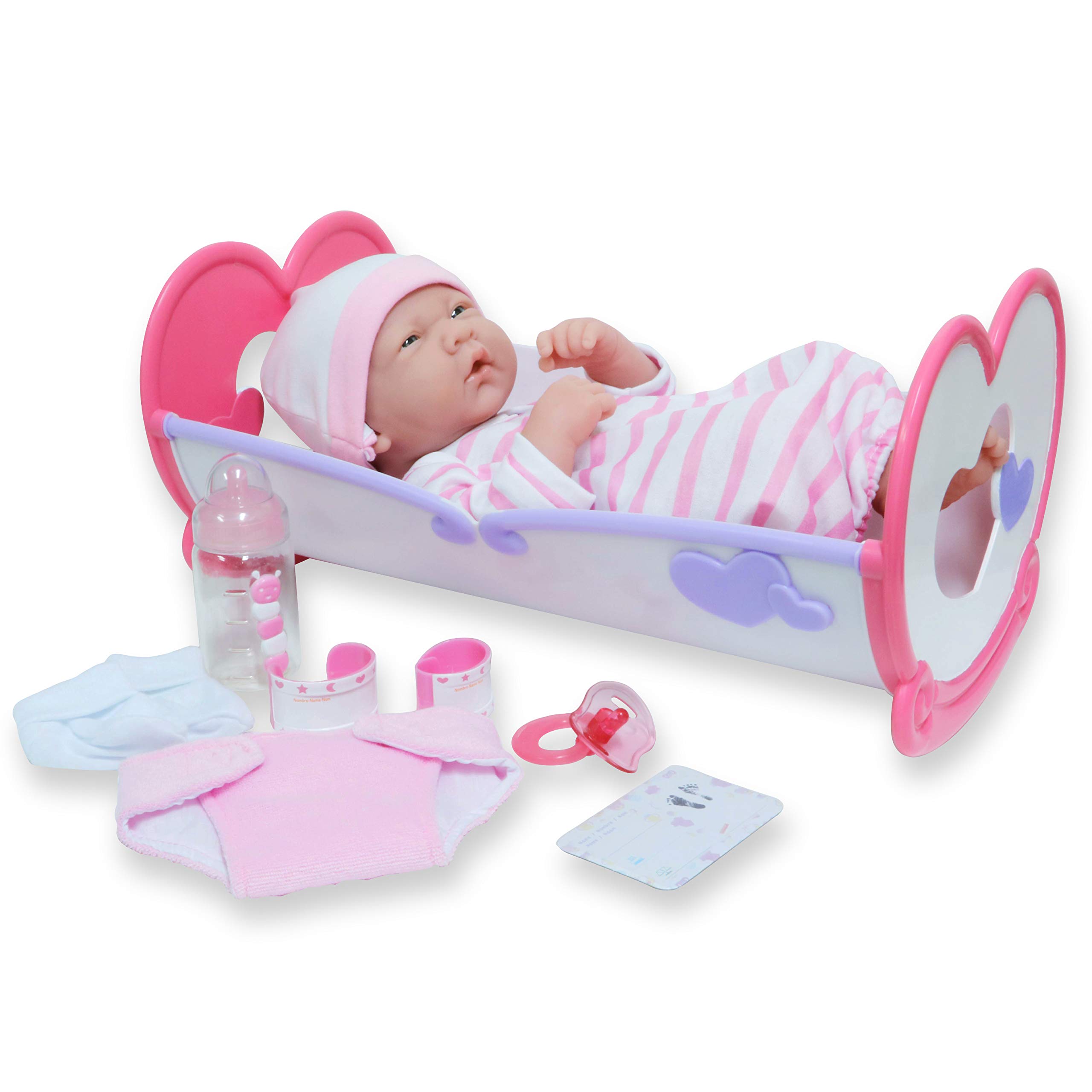 JC TOYS - La Newborn Neugeborenen-Puppe, 36 cm, aus weichem Vinyl, inkl. Schaukelbett und 7 Zubehörteilen, Rosa, entworfen in Spanien von Berenguer, 2 Jahre