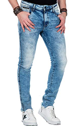 Cipo Baxx Herren Used Jeans Hose Frayed-Legs Slim Fit Design Hose Blau W36 L32