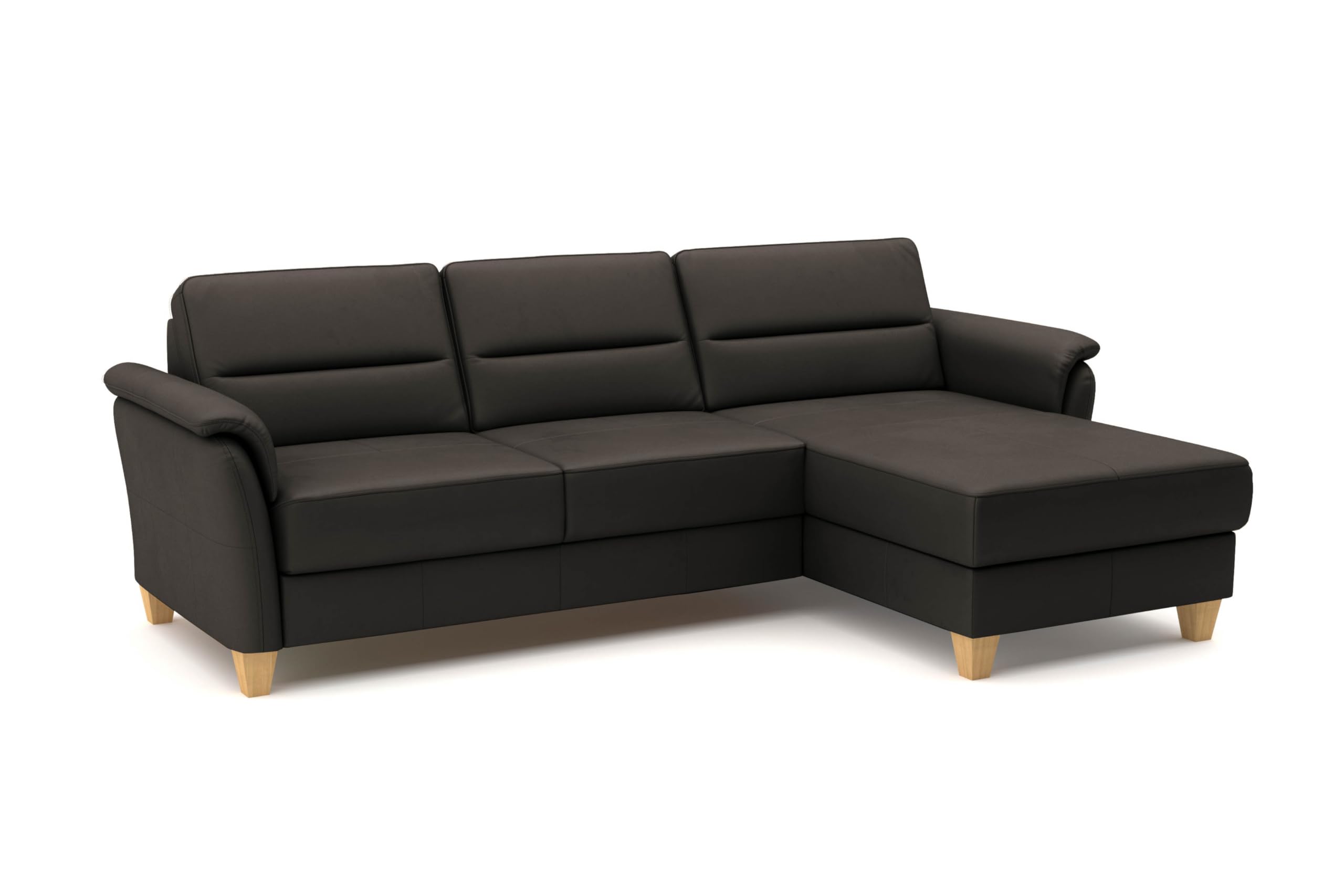 CAVADORE Leder-Ecksofa Palera mit Longchair / Landhaus-Couch mit Federkern + massiven Holzfüßen / 244 x 89 x 163 / Leder Dunkelbraun