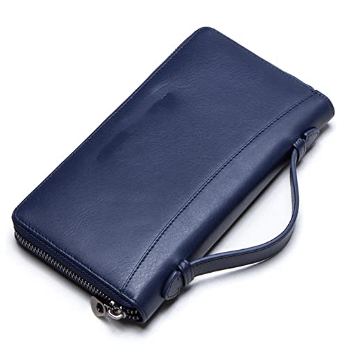 TREGOO Portemonnaie Herren Kuhleder Männer Casual Clutch Brieftasche Kartenhalter Reißverschluss Geldbörse mit Passhalter Telefon Fall for männliche Lange Brieftasche (Color : Blue)