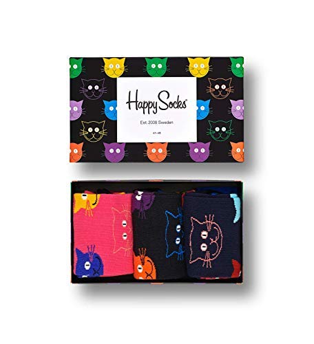 Happy Socks – Gemischt farbenfrohe Geschenkbox an Baumwollsocken für Männer und Frauen, Cat Gift Box, 41-46