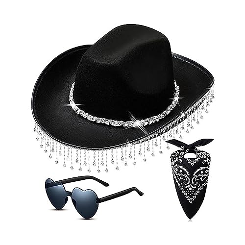 MEELYHOME Halloween Cowboyhut für Damen Herren Westernhut Kopftuch Schal Herz Sonnenbrille Junggesellinnenabschied Kostüm Zubehör Kostüm Zubehör Set