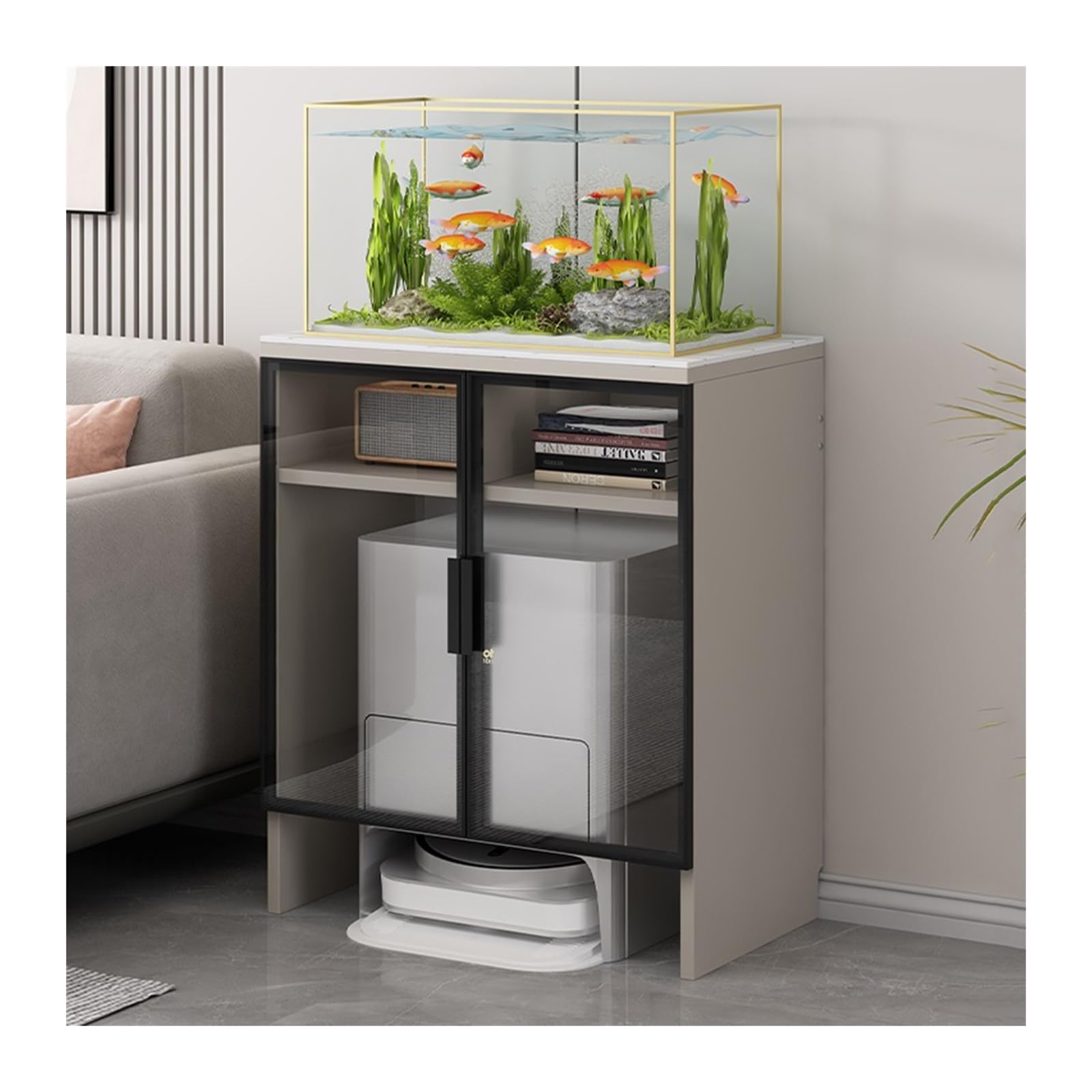 FUHAI-666 Kehrroboter-Lagerregal, Wohnzimmerregale, einfaches, tragendes Aquariumregal, neuer chinesischer Aquariumschrank, Blumenständer(Khaki,90x30x80.6cm)