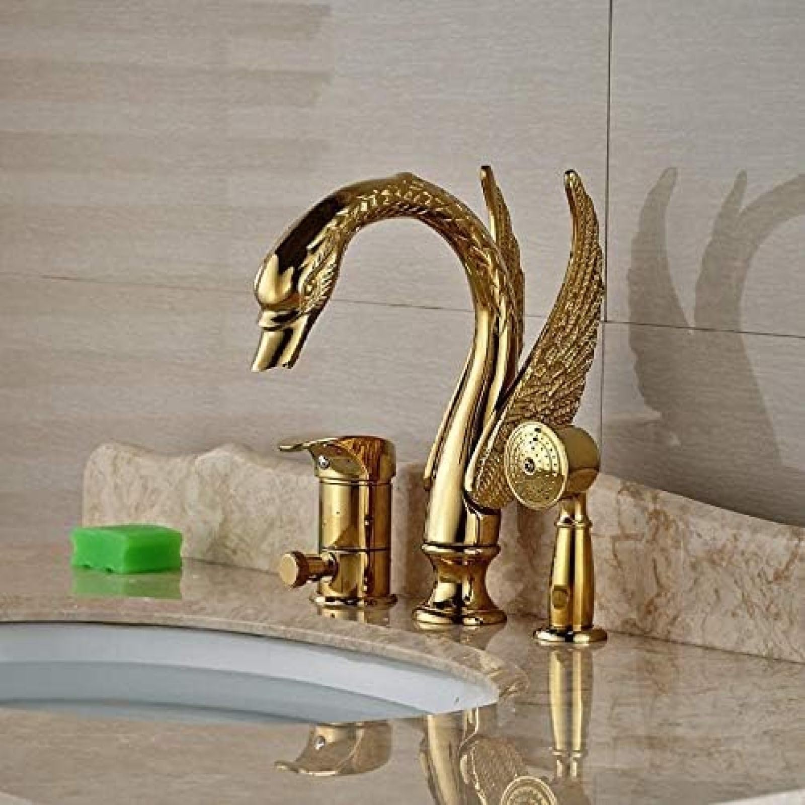 AJYBYUKJ Luxus Golden Messing Bad Schwan Wasserhahn Umsteller mit/Hand Sprayer Mischbatterie Beauty Comes