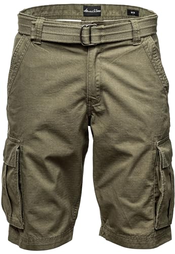 Amaci&Sons Herren Cargoshorts Männer Kurze Bermuda Hose inkl.Gürtel Regular Fit Gurt7027 Olive W34