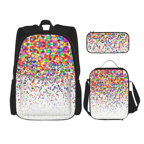 WURTON Rucksack mit farbigen Punkten, 3-in-1, Büchertaschen-Set, Lunchbox, Federmäppchen, Reise-Laptop, Tagesrucksäcke, Schwarz, Einheitsgröße