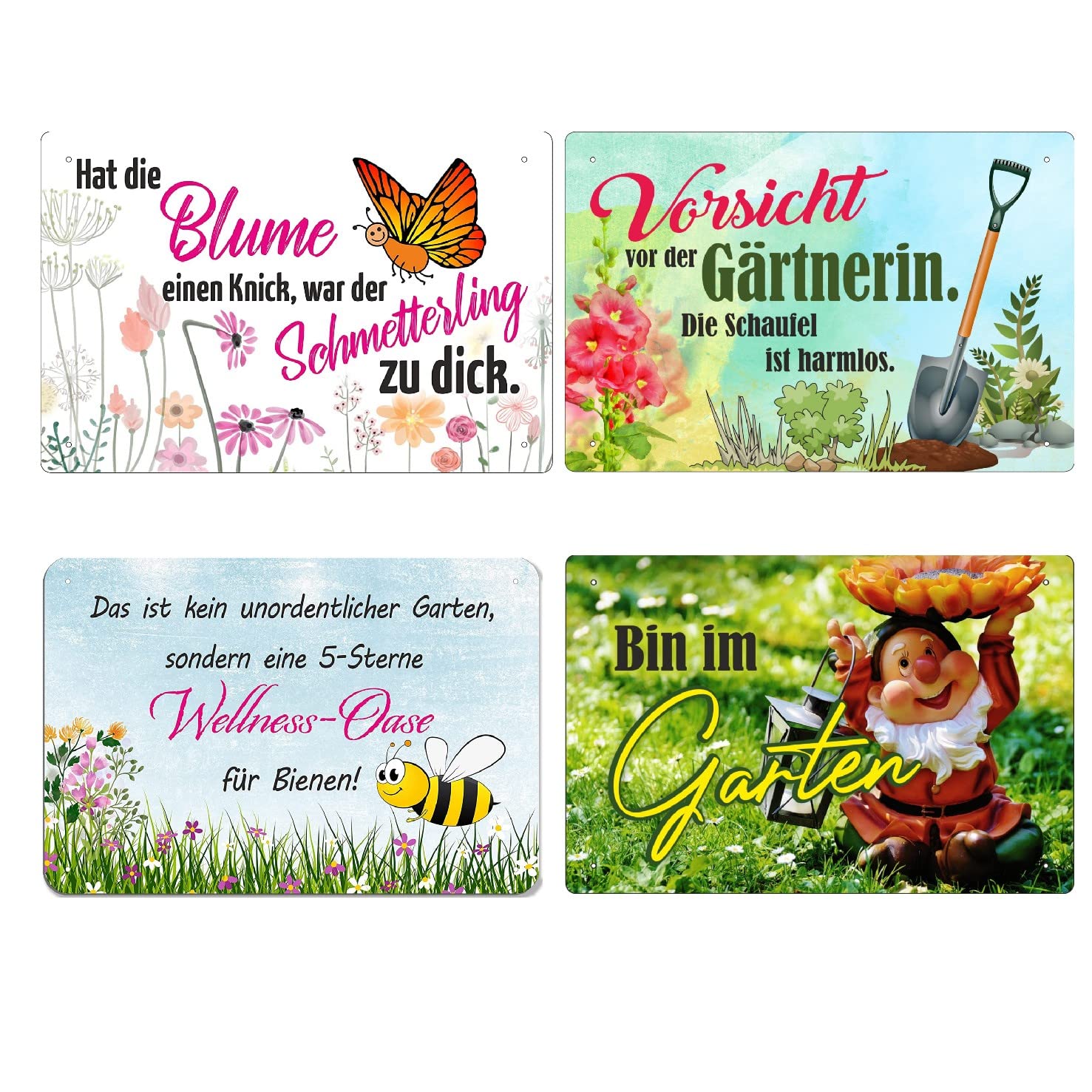 4er Set Blechschilder Garten 20x30cm - Wetterfest - Metallschild mit Lustig Spruch - Vintage Deko für Außen - Deko Geschenk