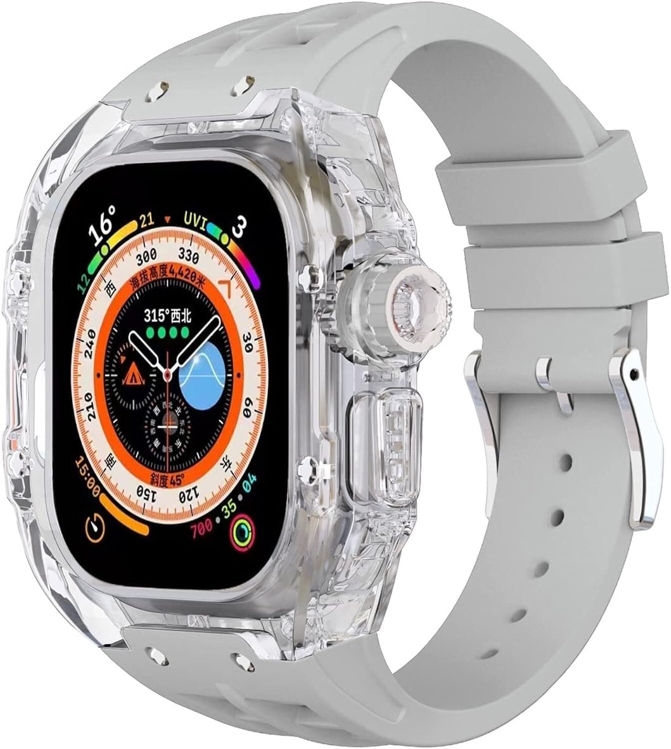 NEYENS 49 mm Fluorkautschuk-Uhrenarmband + transparentes Gehäuse-Modifikationsset, für Apple Watch Ultra 49 mm, luxuriöses Silikon-Gummiband, für Ultra 8, 49 mm Serien-Ersatz, 49 mm, Achat