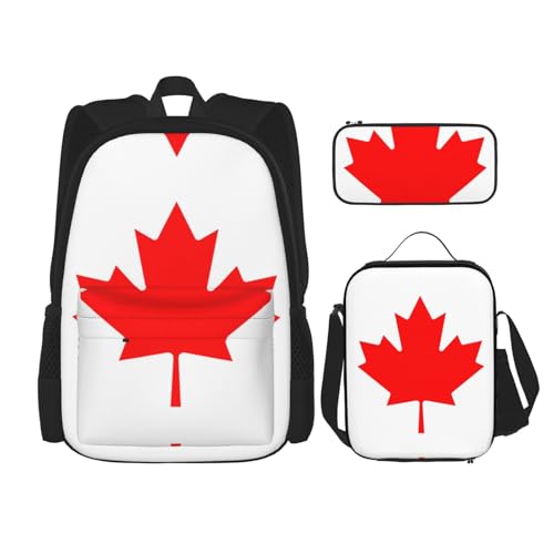 WURTON Rucksack mit kanadischer Flagge, 3-in-1, Büchertaschen-Set, Lunchbox, Federmäppchen, Reise-Laptop-Tagesrucksäcke, Schwarz , Einheitsgröße