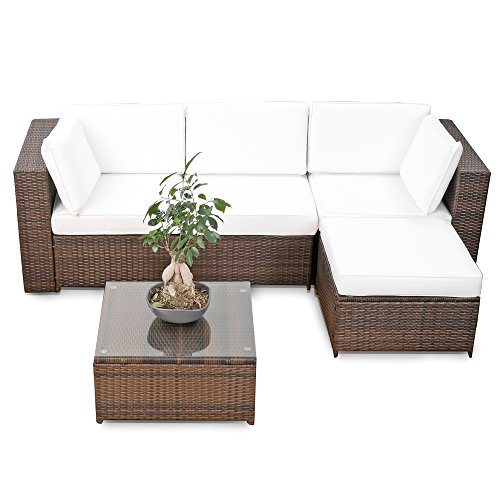 XINRO® erweiterbares 15tlg. Balkon Polyrattan Lounge Ecke - braun - Sitzgruppe Garnitur Gartenmöbel Lounge Möbel Set aus Polyrattan - inkl. Lounge Sessel + Ecke + Hocker + Tisch + Kissen