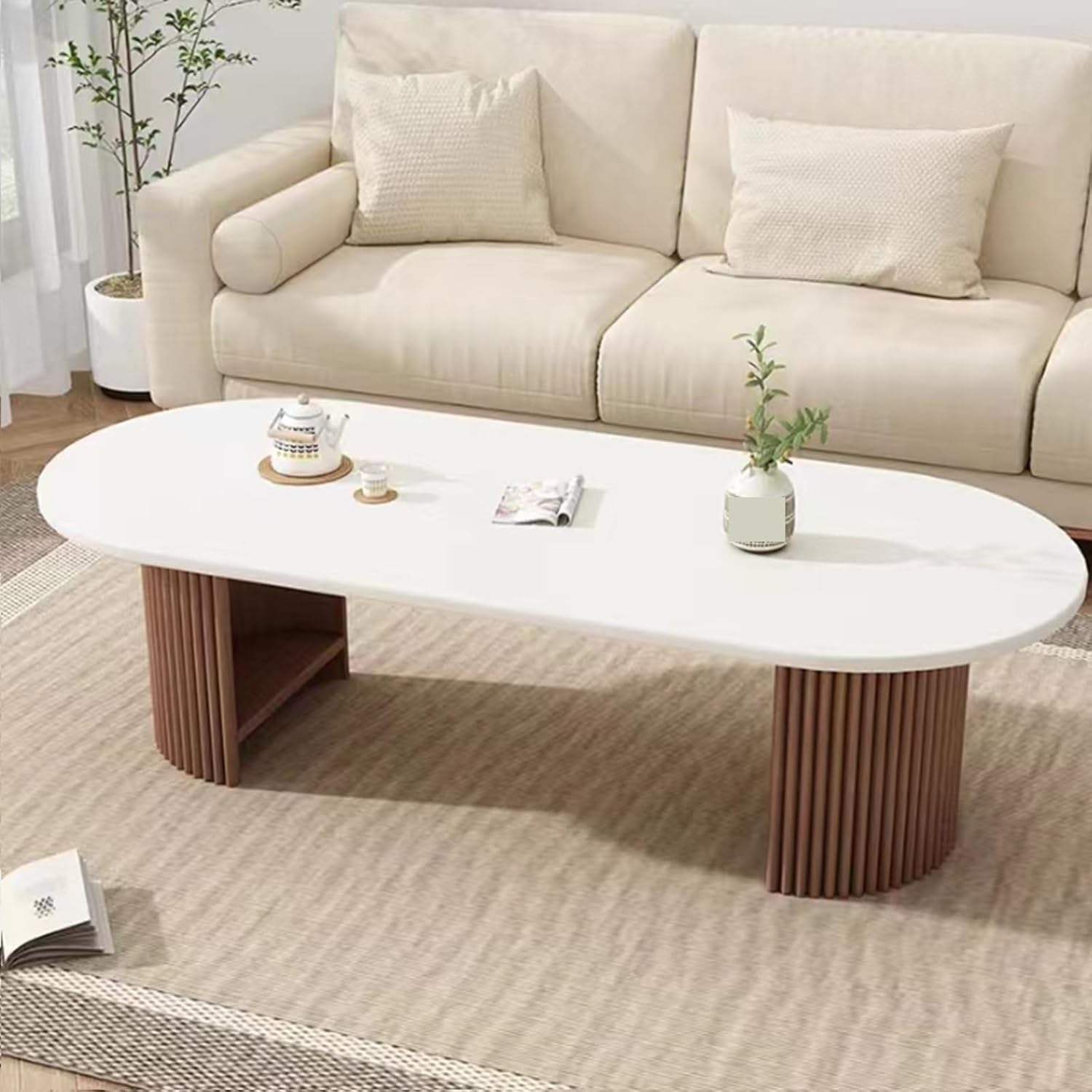 Couchtisch für Wohnzimmer, moderner Couchtisch, runde Couchtische aus Holz für Wohnzimmer, runder Couchtisch mit Stauraum, Kleiner rechteckiger Teetisch, weiß, für Zuhause, Wohnzimmer, Büro,