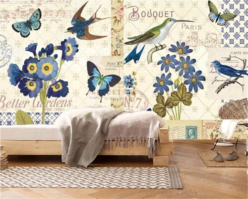 Vögel Schmetterlinge Blaue Blumen 3D Tapete Poster Restaurant Schlafzimmer Wohnzimmer Sofa TV Dekorative Wand-150cm×105cm