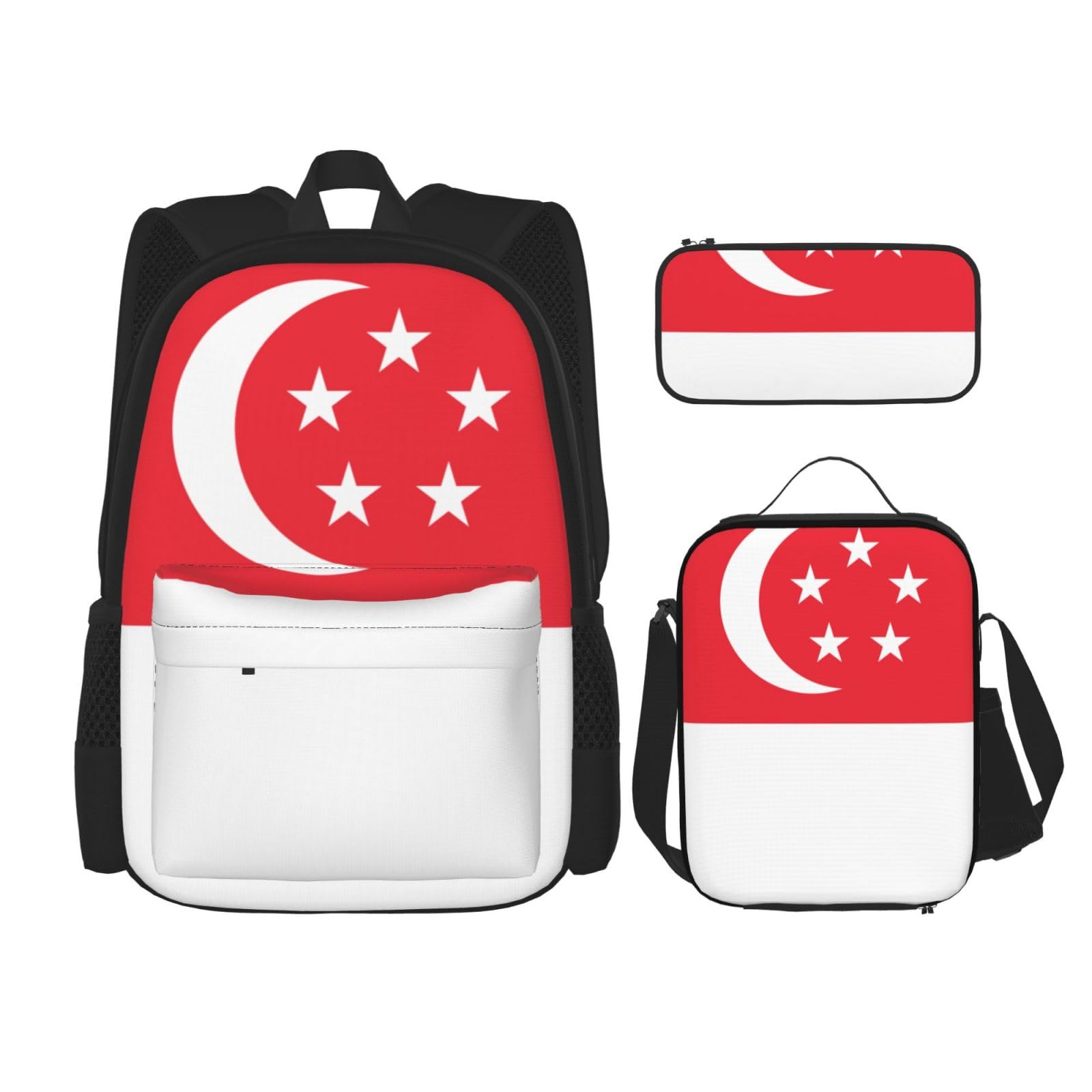 WURTON 3-in-1-Set mit Singapur-Flagge, lässig, verstellbar, Schulter-Rucksack, Lunch-Tasche, Federmäppchen, Beutel, Schwarz, Einheitsgröße