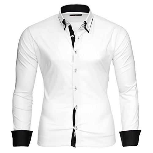 Reslad Herren Hemd Männer Hemden Slim Fit bügelfrei Freizeit Business Langarm 2 Knopf 2 Kragen RS-7050 Weiß Schwarz Gr XXL