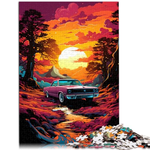 Puzzles Bunter Psychedelischer Sportwagen bei Sonnenuntergang | Puzzle 1000 Teile für Erwachsene, Holzpuzzle, herausfordernd, schwierig, 1000 Teile (50 x 75 cm)