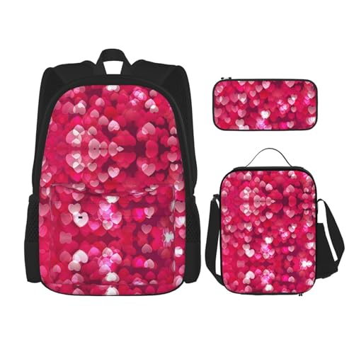 WURTON Valentine'S Day Love Heart Print Lunch Box Pencil Case Backpack Set 3 Pieces Adjustable Straps Durable Lightweight, Schwarz, One Size