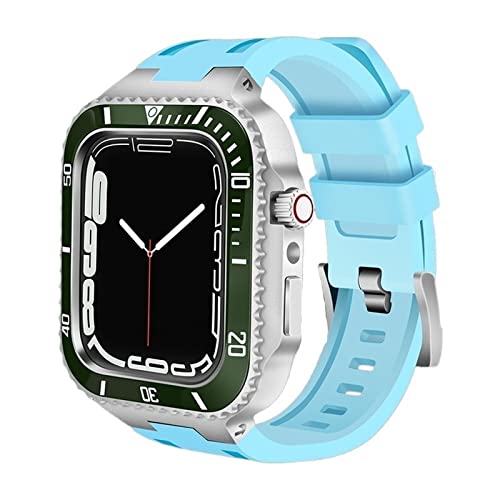 KANUZ Modifikationsset, Metall-Lünettenrahmen für iWatch 8, 7, 6, 5, 4 SE, Stahlband und Gummi-Uhrenarmband für Apple Watch Case Band 7, 45 mm, 44 mm (Farbe: blau-grüne Keramik, Größe: 45 mm)