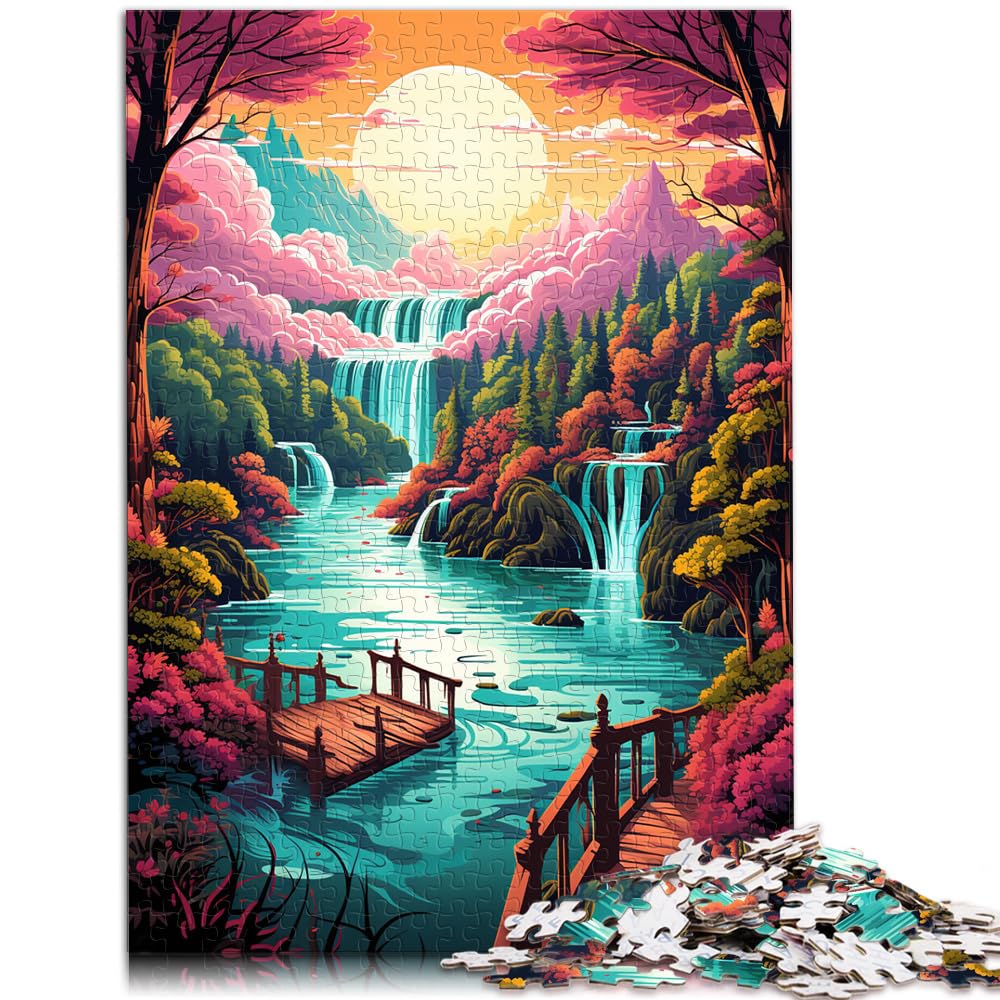 Puzzlespiele, farbenfrohes psychedelisches Motiv des Nationalparks Plitvicer Seen, 1000 Teile, Holzpuzzle mit passendem Poster und Wissensblatt, 1000 Teile (50 x 75 cm)