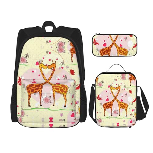 WURTON Rucksack mit Giraffenmotiv, Herz-, Blumen- und Schmetterlings-Druck, trendiger Rucksack, Lunchbox, Federmäppchen, 3-in-1, verstellbares Rucksack-Set