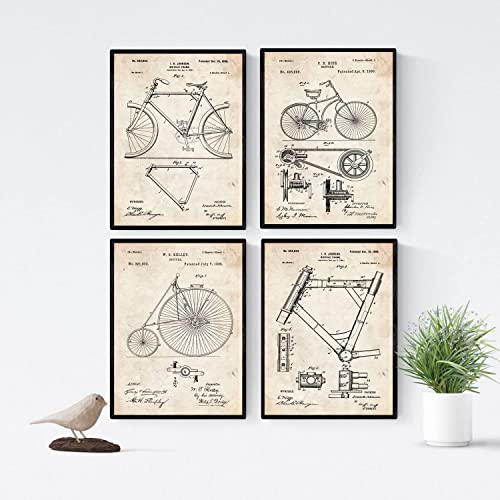 Nacnic Fahrrad Patent Poster 4er-Set. Vintage Stil Wanddekoration Abbildung von Sports und Alte Erfindungen. Verschiedene atletische Fitness Bilder ohne Rahmen. Größe A4.