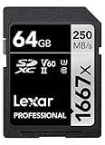 Lexar Professional 1667x SD Karte 64GB, Speicherkarte SDXC UHS-II, Bis zu 250 MB/s Lesen, Class 10, U3, V60, SD für professionelle Fotografen, Videofilmer, Enthusiasten (LSD64GCB1667)