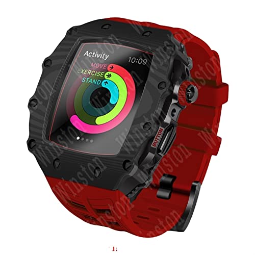 KANUZ Luxuriöse Kohlefaser-Schutzhülle für Apple Watch, 45 mm, 44 mm, Kohlefaser-Abdeckung, Silikonband für iWatch Serie 7, 6, 5, 4, Zubehör (Farbe: Rot, Größe: 45 mm für 7)