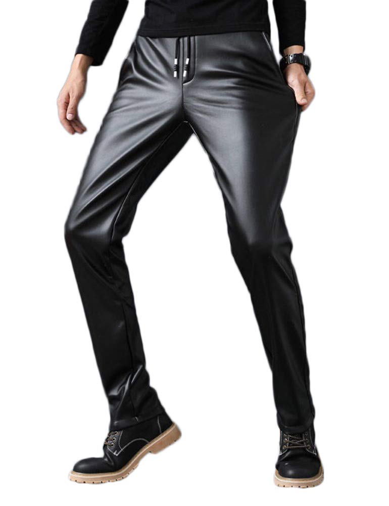 Idopy Herren Casual Drawstring Hose Kunstleder Joggers Hosen für Männer, Schwarz, 38