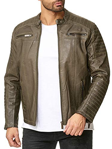 Redbridge Herren Jacke Übergangsjacke Biker Kunstleder Echtleder Gesteppte Bereiche Khaki Gr.S