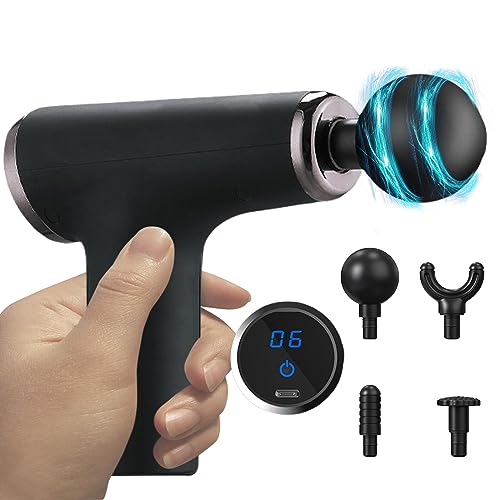 Massagepistole, Massage Gun mit 6 Zahnradgeschwindigkeit, Elektrische Handmassagegeräte von 4 Massageköpfen und Koffer Ladeanschluss Typ-C, Mini Massagegerät für Schulter Körper Rücken Entspannung