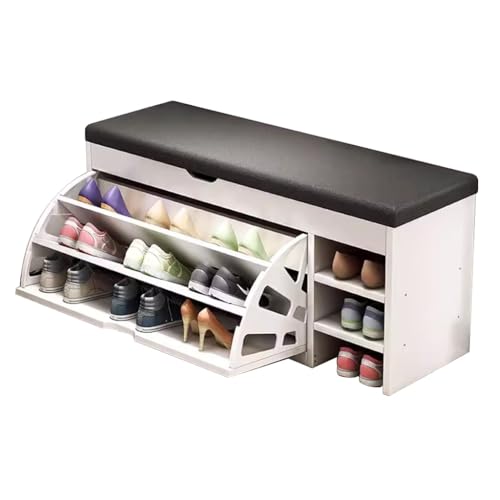 GNBOW Shoe Bench with Padded Cushion, 3-Tier Shoe Storage Bench with Hidden Compartment,Wood Shoe Bench with Flip Drawer (Color : Weiß, S : 100 * 30 * 51cm)