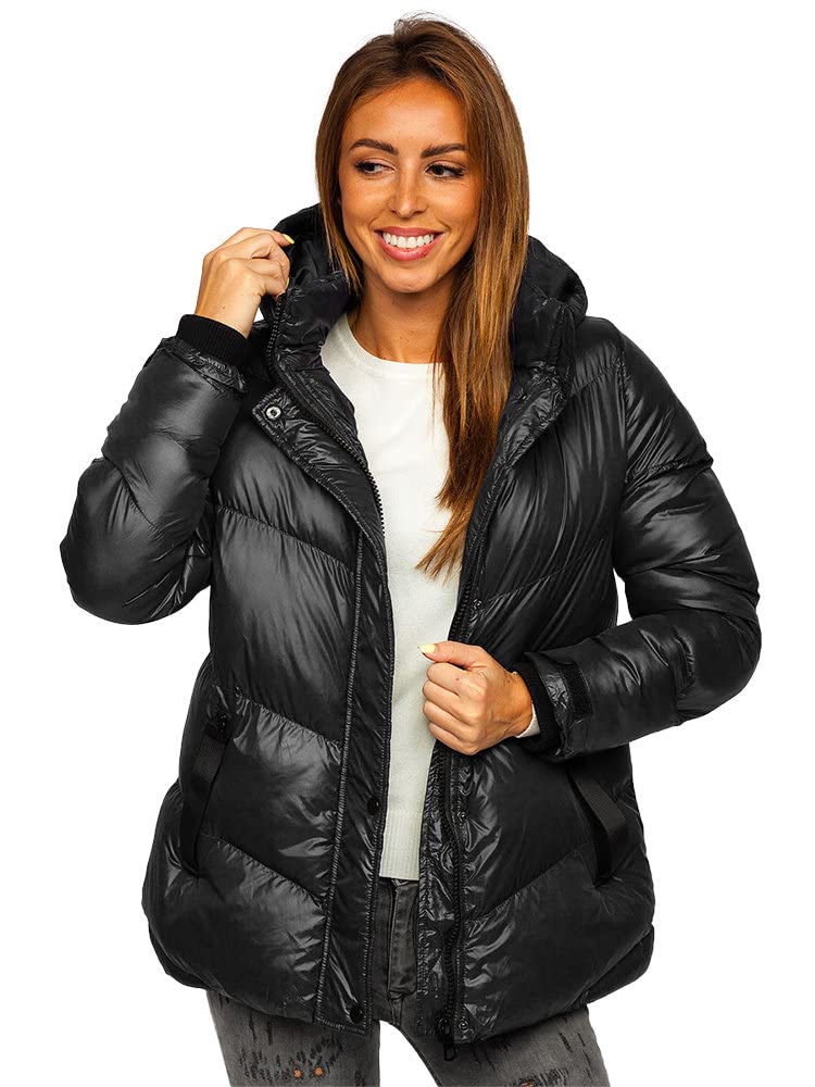 BOLF Damen Winterjacke Steppjacke mit Kapuze Daunenjacke Reißverschluss Sportjacke Zip Wärme Freizeit Outdoor Basic Casual Style 23065 Schwarz XL [D4D]