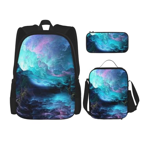 DENMER Mehrzweck-Schultasche mit passendem Federmäppchen und Lunchtasche - Ihre stilvolle All-in-One-Lösung, Schöne blaue und violette Galaxie, Einheitsgröße